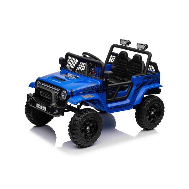 Masina electrica de TEREN OFF ROAD 4X4 SPORT ALBASTRU, 12V, cu telecomanda, roti EVA, MP3 LED