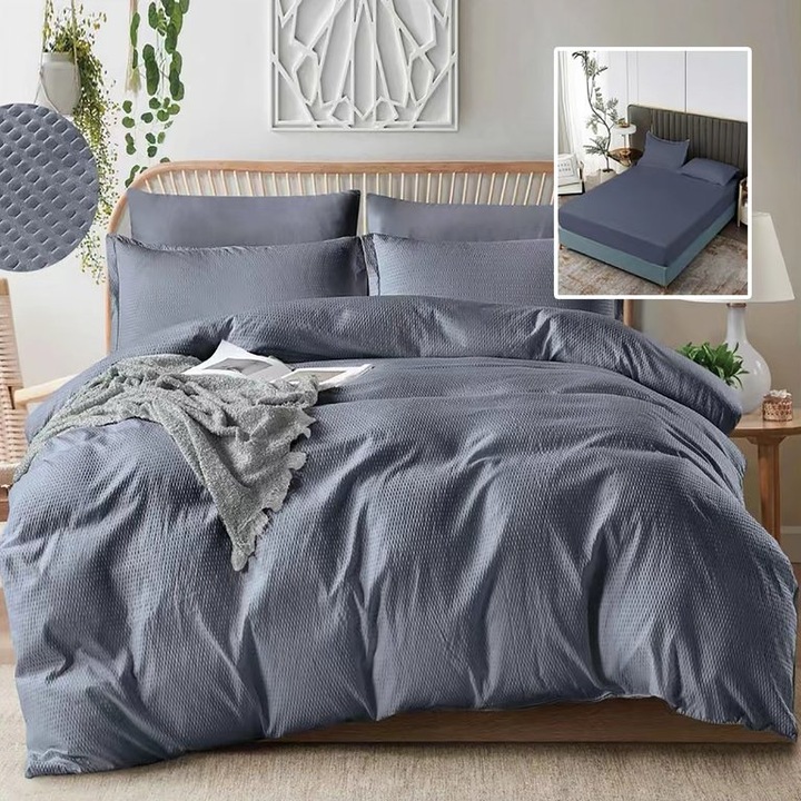 Krepp ágyneműhuzat, dupla, polipamut, 6 részes, gumis lepedő 180x200cm, Különleges Ágyneműk, Antracit