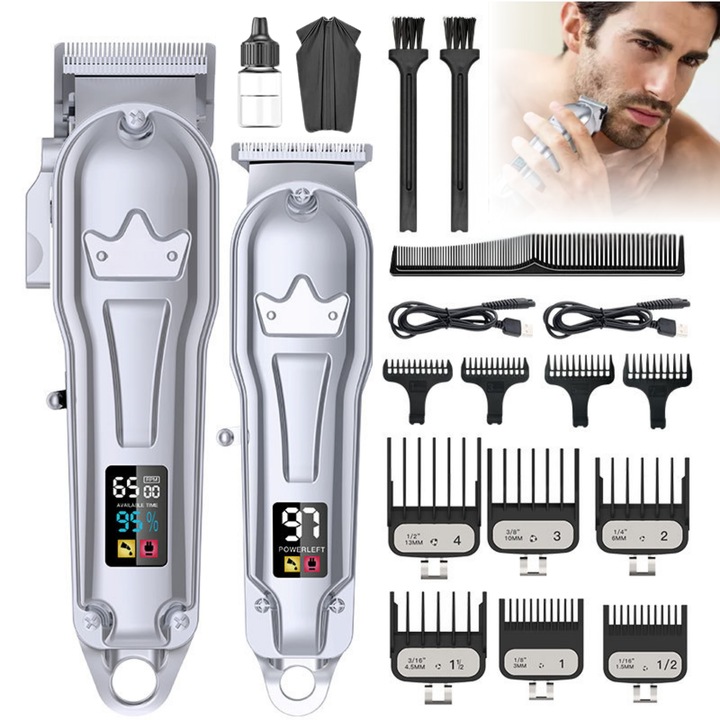 Kit masina de tuns profesionala si trimmer, Luxofia, cordless, lame otel carbon, 7500 RPM, display LED, autonomie 300 min, 10 piepteni inclusi, set complet grooming barba si par, gri