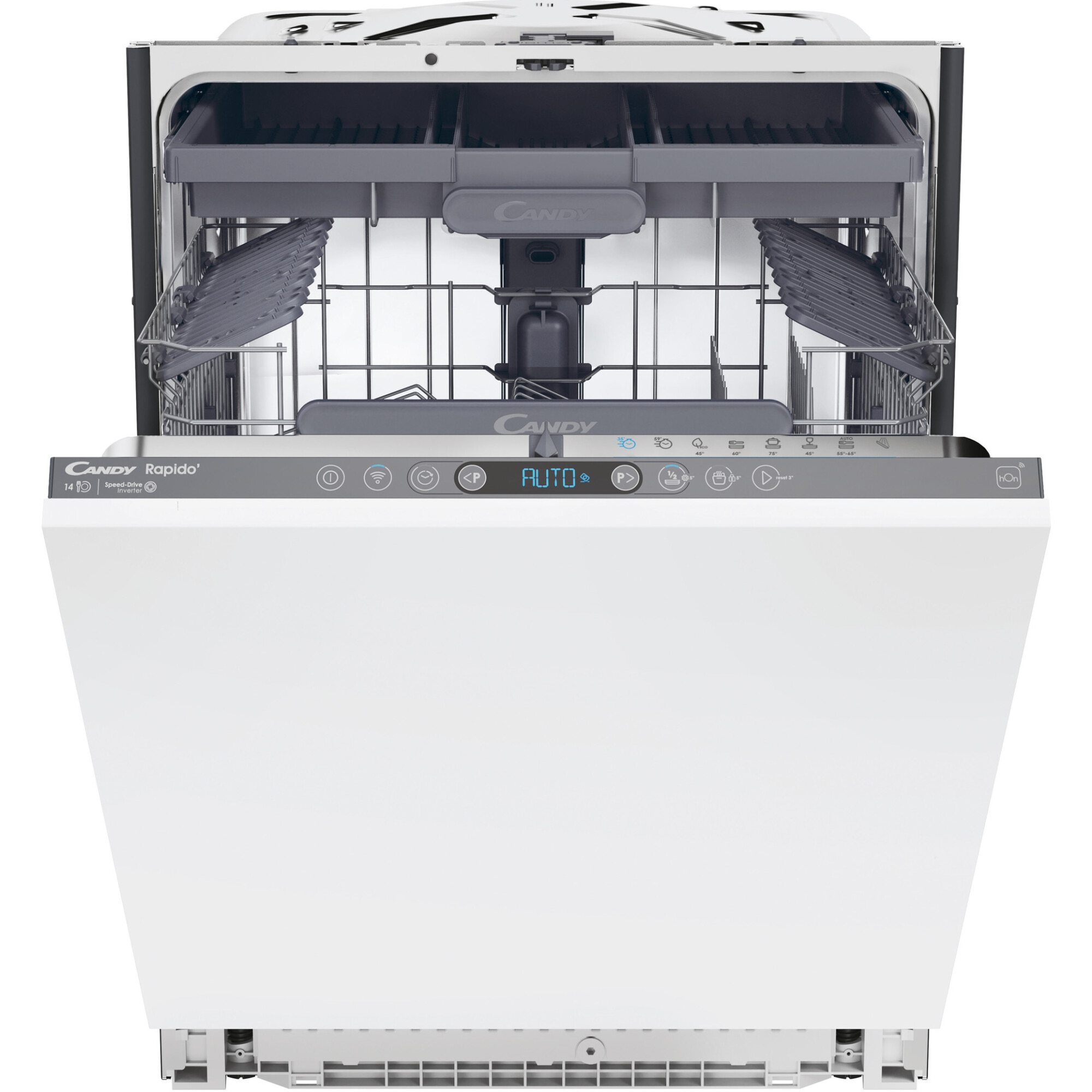 Masina de spalat vase incorporabila Candy Rapido CI 4C4F1A, 14 seturi, 8 programe, Clasa C, WiFi, 4Digit Blue Display, SS TUB , Speed-Drive Inverter Motor, MaxiTUB, Automatic Open