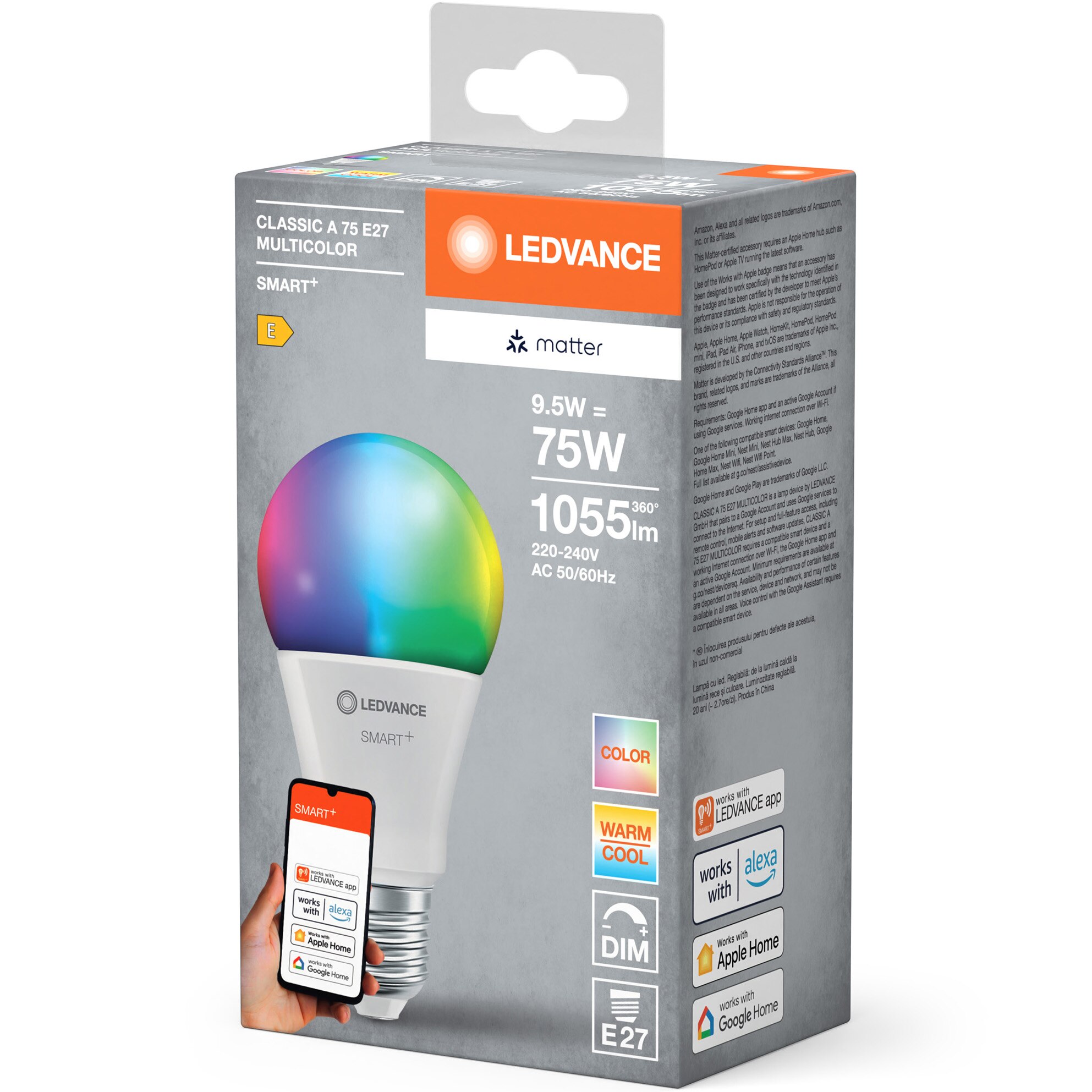 Bec LED RGBW inteligent LEDVANCE SMART+ MATTER, A75, E27, 9.5W (75W ...