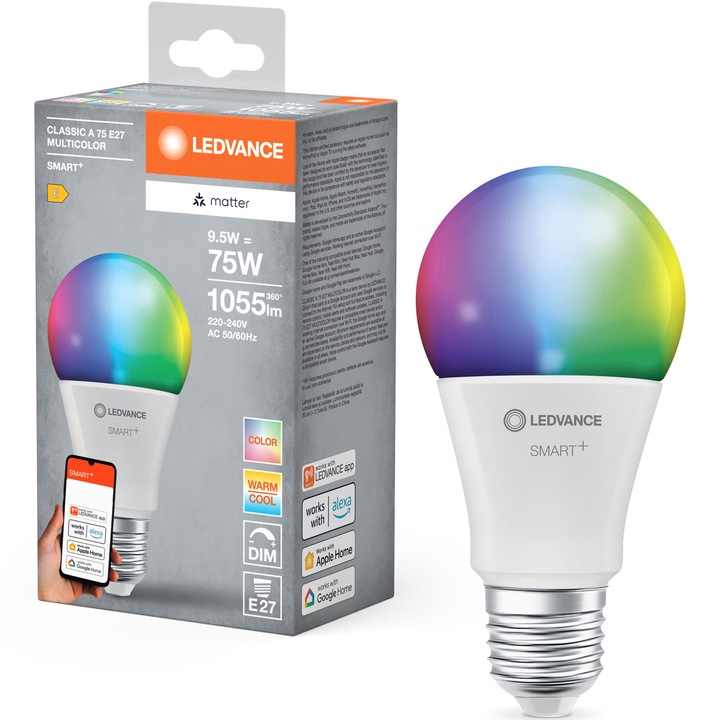 Bec LED RGBW inteligent LEDVANCE SMART+ MATTER, A75, E27, 9.5W (75W), 1055 lm, dimabil, lumina alba si colorata, compatibil LEDVANCE SMART+, MATTER, Amazon Alexa, Apple Home, Google Home, clasa energetica E