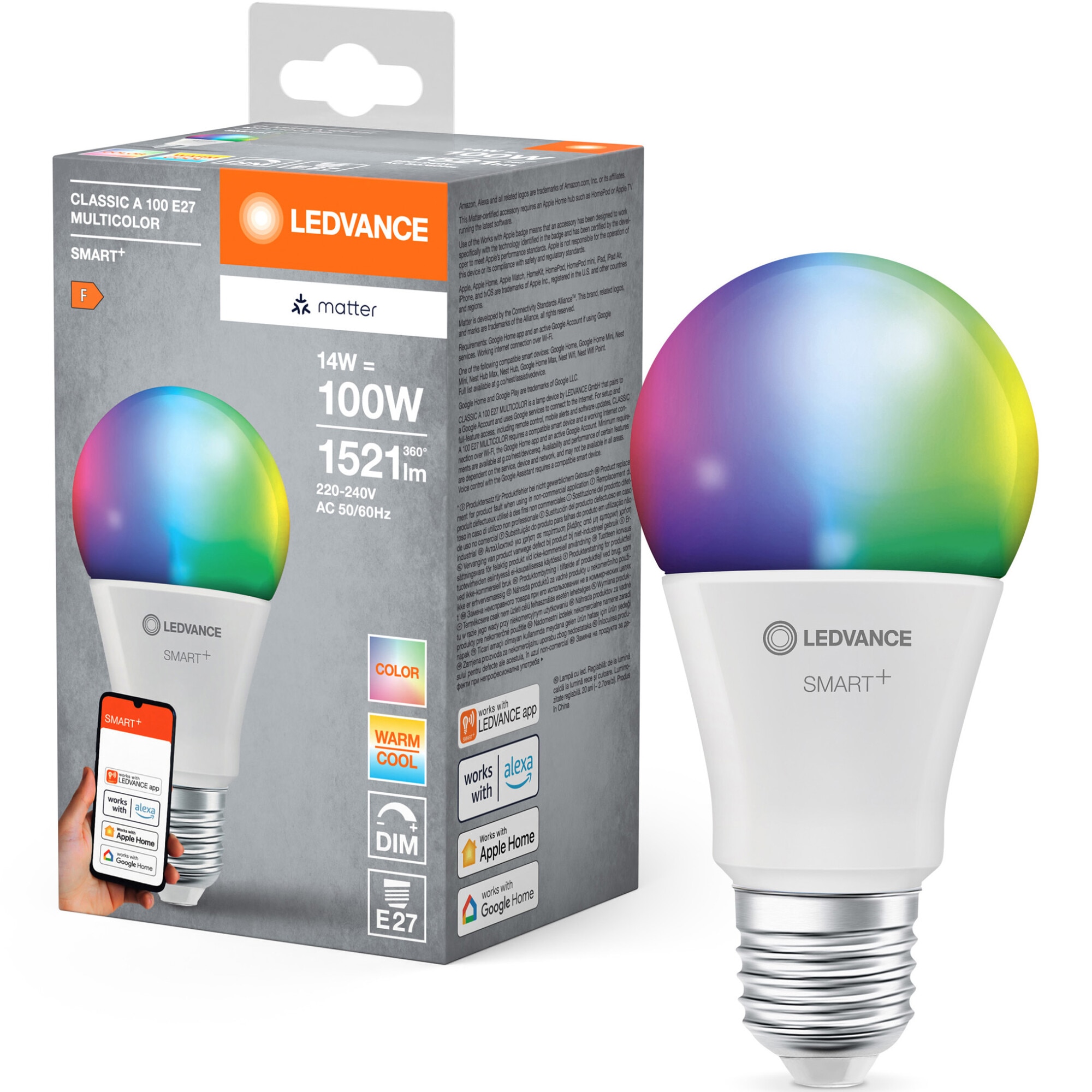 Bec LED RGBW inteligent LEDVANCE SMART+ MATTER, A100, E27, 14W (100W), 1521 lm, dimabil, lumina alba si colorata, compatibil LEDVANCE SMART+, MATTER, Amazon Alexa, Apple Home, Goog