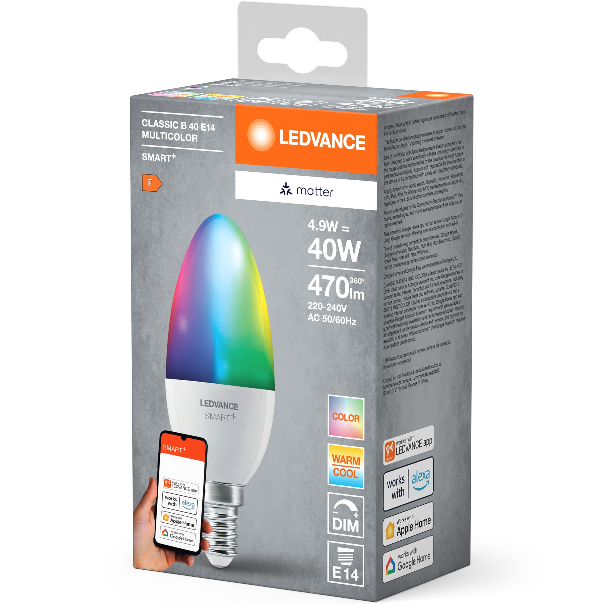 LEDVANCE SMART+ MATTER intelligens RGBW LED izzó, B40, E14, 4,9W (40W ...