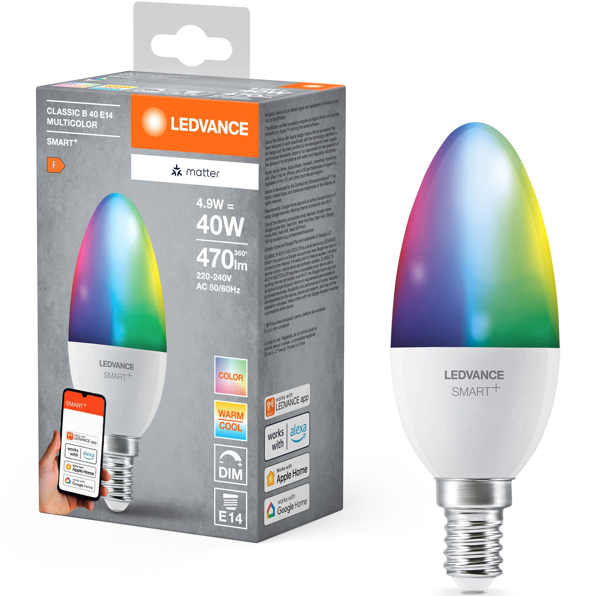 LEDVANCE SMART+ MATTER intelligens RGBW LED izzó, B40, E14, 4,9W (40W ...