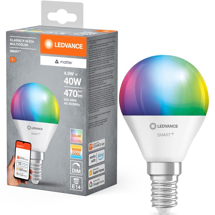 Bec LED RGBW inteligent LEDVANCE SMART+ MATTER, P40, E14, 4.9W (40W), 470 lm, dimabil, lumina alba si colorata, compatibil LEDVANCE SMART+, MATTER, Amazon Alexa, Apple Home, Google Home, clasa energetica F