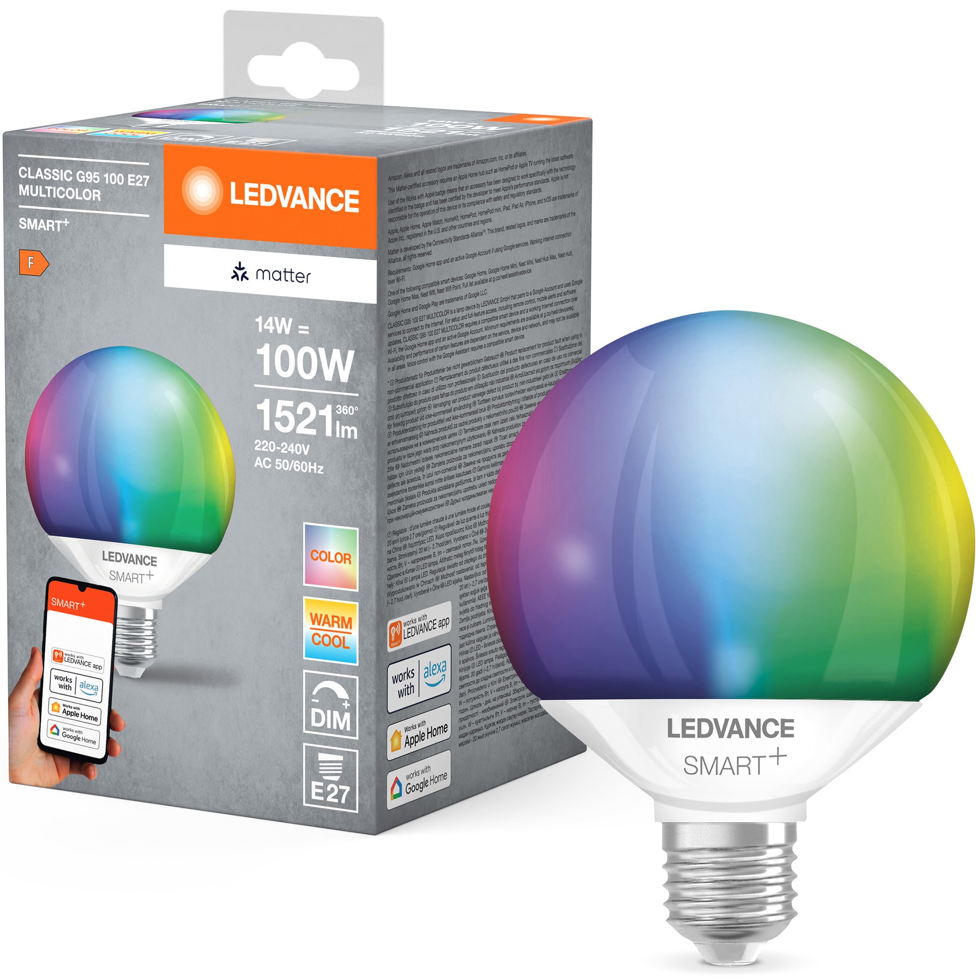 Bec LED RGBW inteligent LEDVANCE SMART+ MATTER, G95 100, E27, 14W (100W), 1521 lm, dimabil, lumina alba si colorata, compatibil LEDVANCE SMART+, MATTER, Amazon Alexa, Apple Home, G