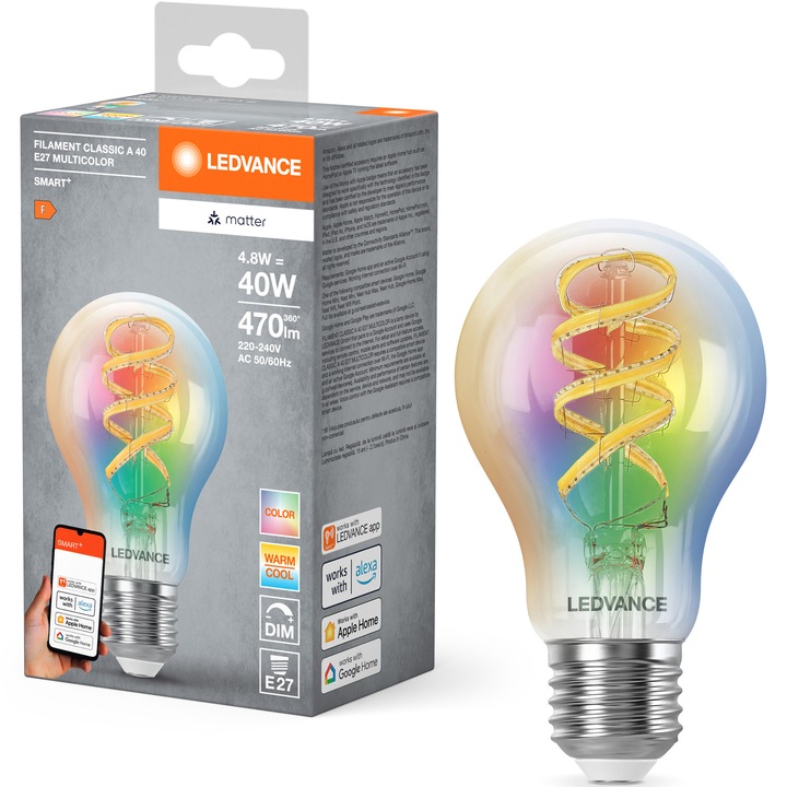 Bec LED filament RGBW inteligent LEDVANCE SMART+ MATTER, A40, E27, 4.8W (40W), 470 lm, dimabil, lumina alba si colorata, compatibil LEDVANCE SMART+, MATTER, Amazon Alexa, Apple Home, Google Home, clasa energetica F