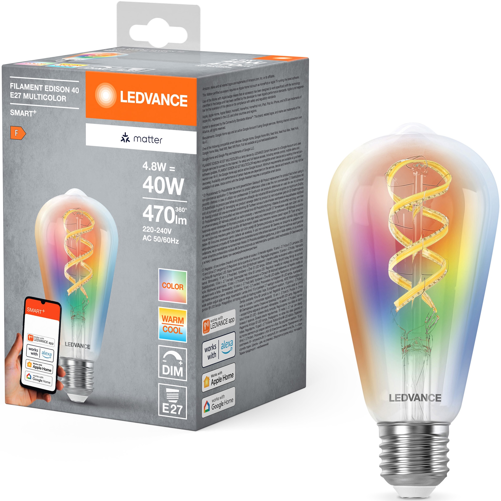 Bec LED filament RGBW inteligent LEDVANCE SMART+ MATTER, Edison 40, E27, 4.8W (40W), 470 lm, dimabil, lumina alba si colorata, compatibil LEDVANCE SMART+, MATTER, Amazon Alexa, App