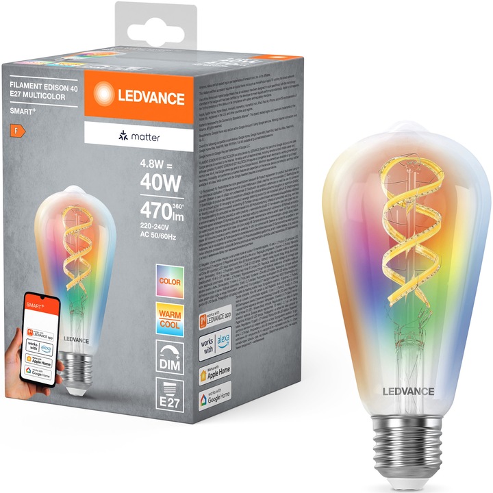 Bec LED filament RGBW inteligent LEDVANCE SMART+ MATTER, Edison 40, E27, 4.8W (40W), 470 lm, dimabil, lumina alba si colorata, compatibil LEDVANCE SMART+, MATTER, Amazon Alexa, Apple Home, Google Home, clasa energetica F
