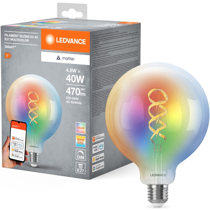 Bec LED filament RGBW inteligent LEDVANCE SMART+ MATTER, G125, E27, 4.8W (40W), 470 lm, dimabil, lumina alba si colorata, compatibil LEDVANCE SMART+, MATTER, Amazon Alexa, Apple Home, Google Home, clasa energetica F