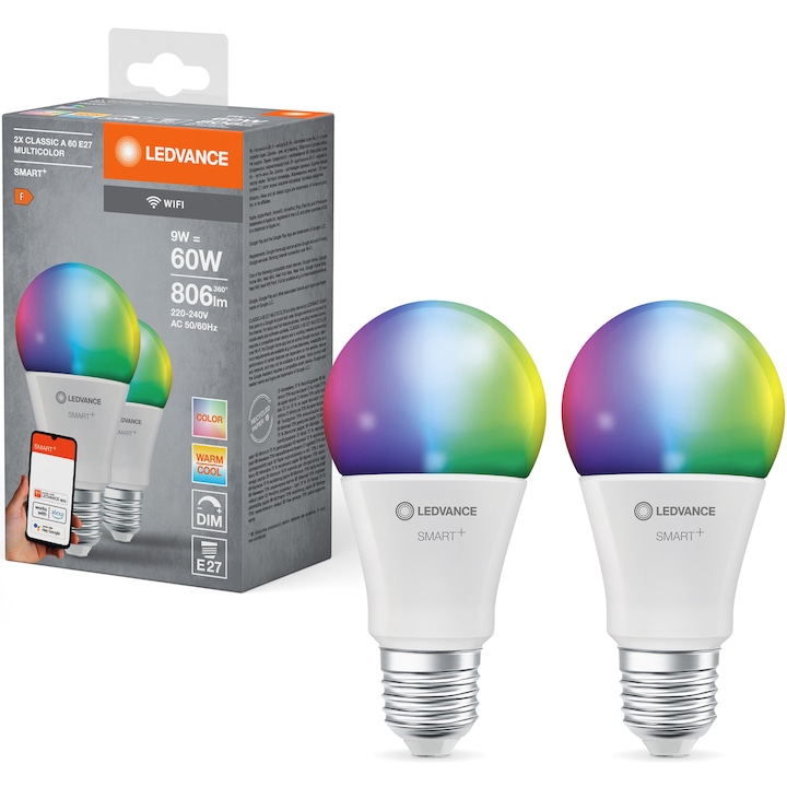 2 db LEDVANCE SMART+ Wi-Fi intelligens RGBW LED izzós készlet, A60, E27 ...