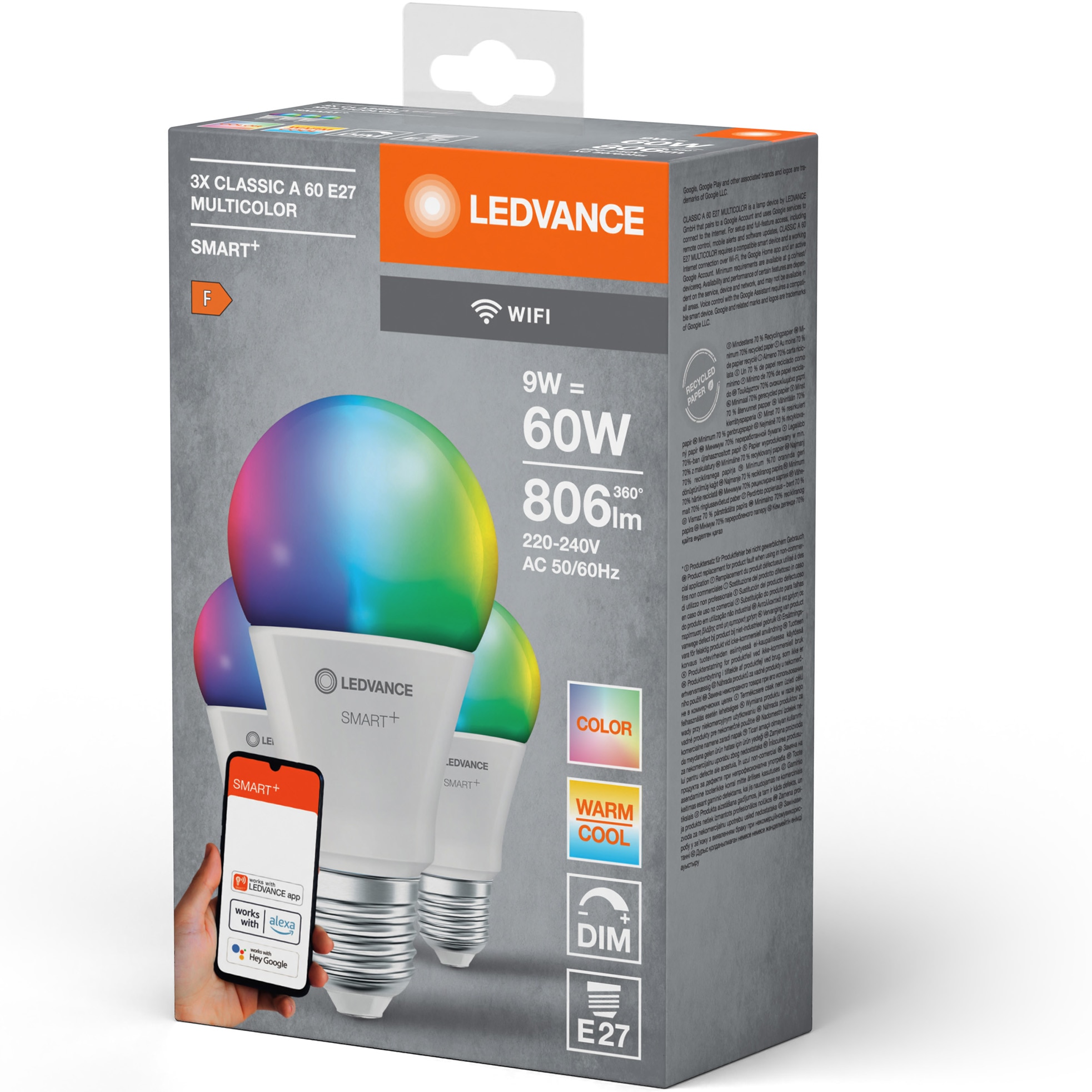 3 db LEDVANCE SMART+ Wi-Fi intelligens RGBW LED izzós készlet, A60, E27 ...