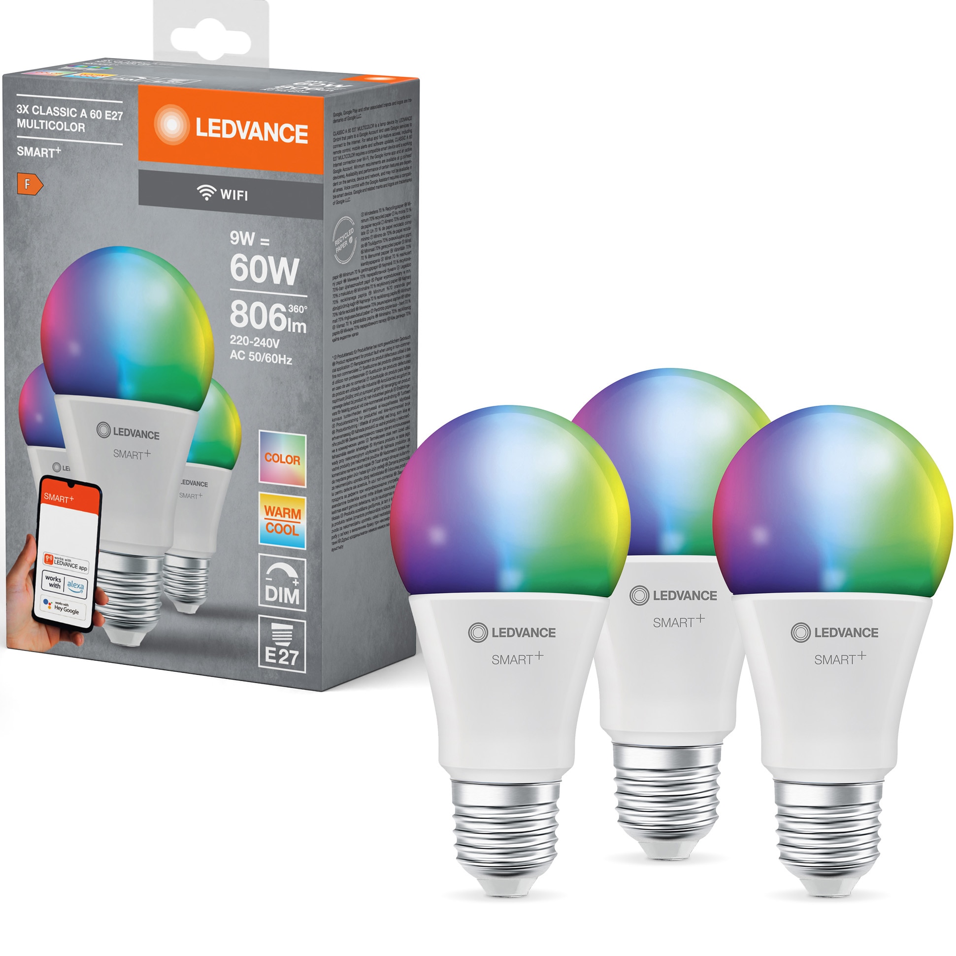 Set 3 becuri LED RGBW inteligente LEDVANCE SMART+ Wi-Fi, A60, E27, 9W (60W), 806 lm, dimabil, lumina alba si colorata, compatibil LEDVANCE SMART+, Amazon Alexa, Google Home, clasa