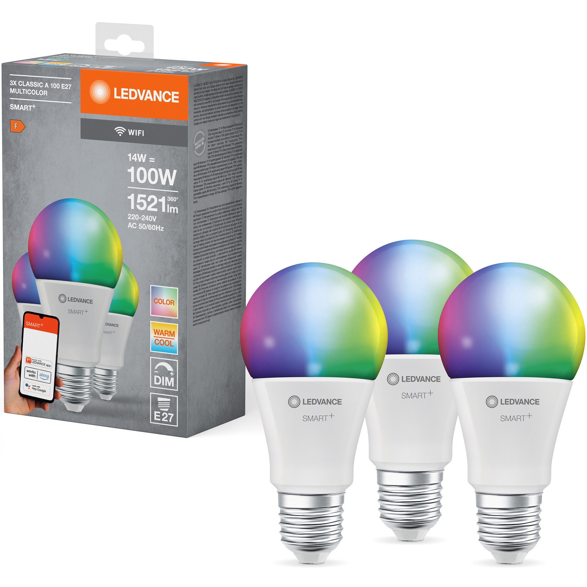 Set 3 becuri LED RGBW inteligente LEDVANCE SMART+ Wi-Fi, A100, E27, 14W (100W), 1521 lm, dimabil, lumina alba si colorata, compatibil LEDVANCE SMART+, Amazon Alexa, Google Home, cl