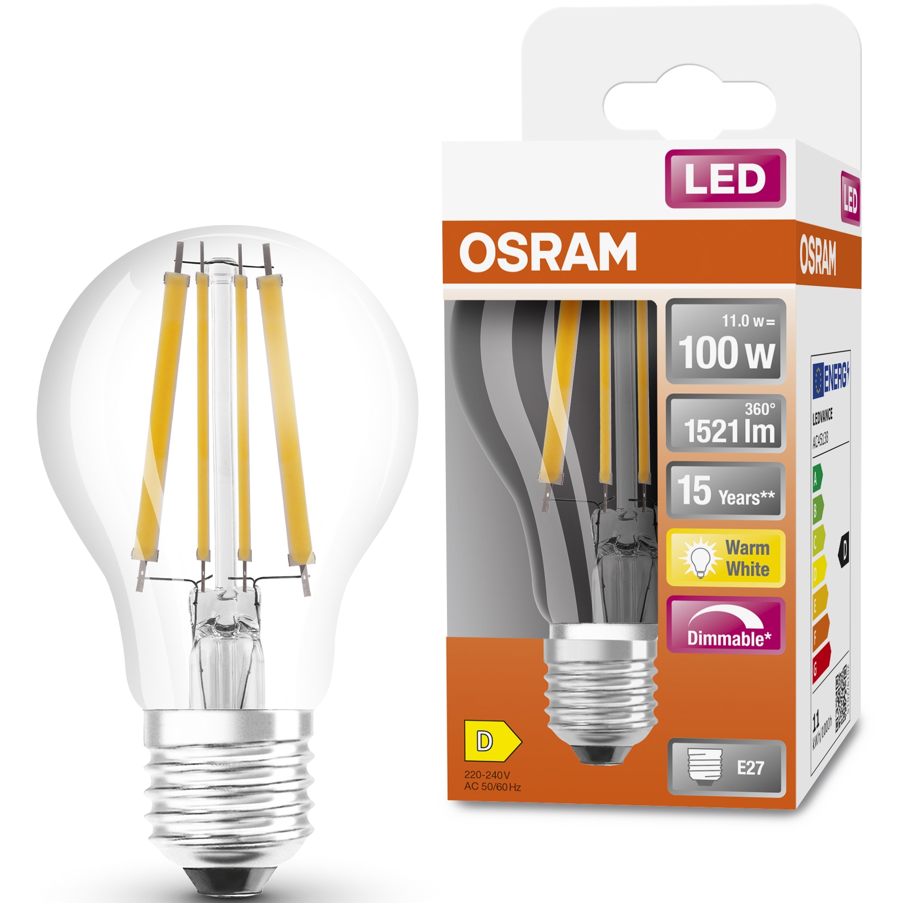 Bec LED OSRAM Superstar filament, A100, E27, 11W (100W), 1521 lm, dimabil, lumina calda (2700K), clasa energetica D