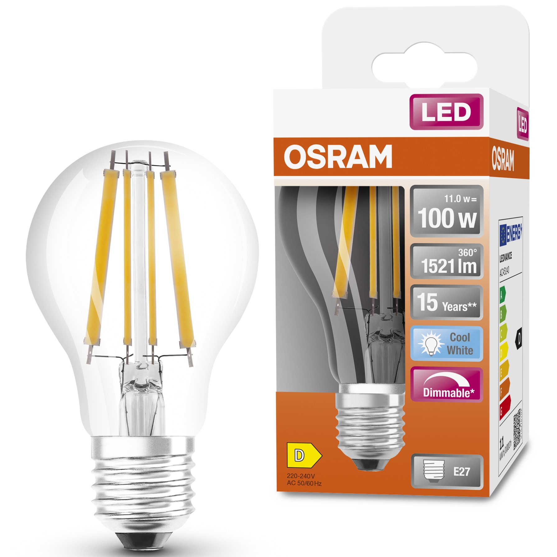 Bec LED OSRAM Superstar filament, A100, E27, 11W (100W), 1521 lm, dimabil, lumina neutra (4000K), clasa energetica D