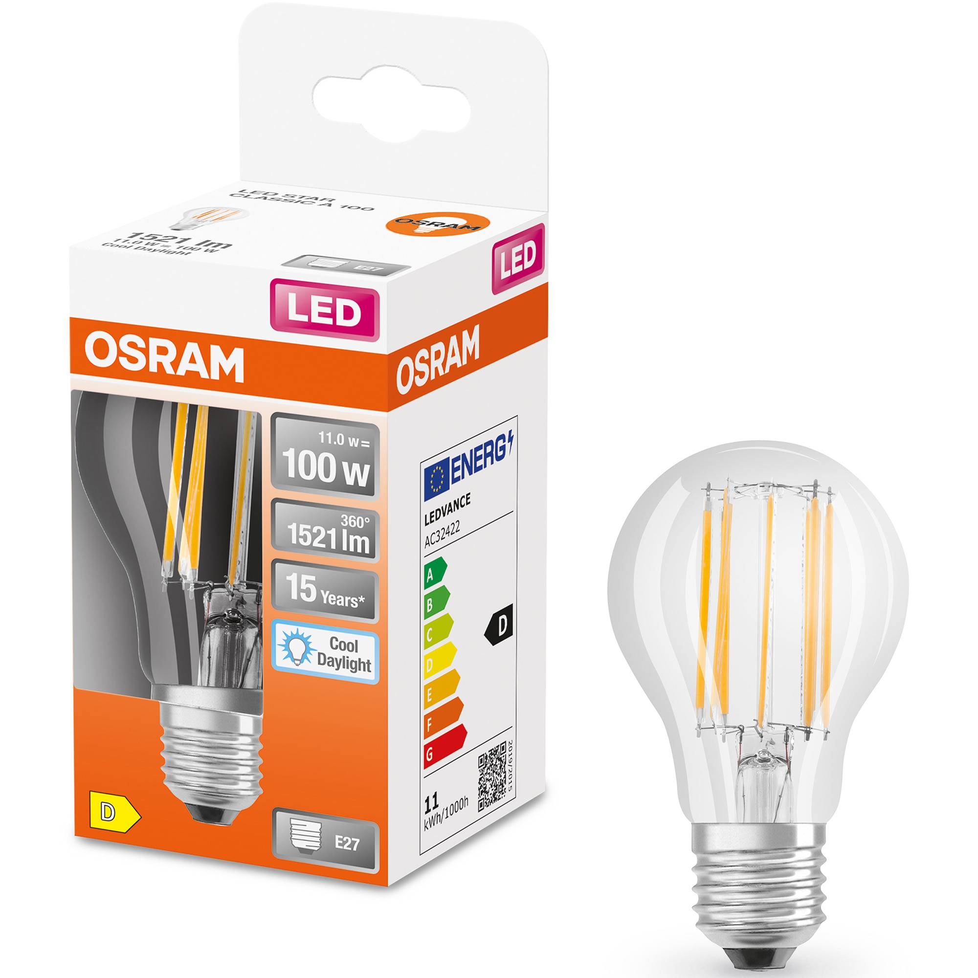 Bec LED OSRAM Star Retrofit filament, A100, E27, 11W (100W), 1521 lm, lumina rece (6500K), clasa energetica D