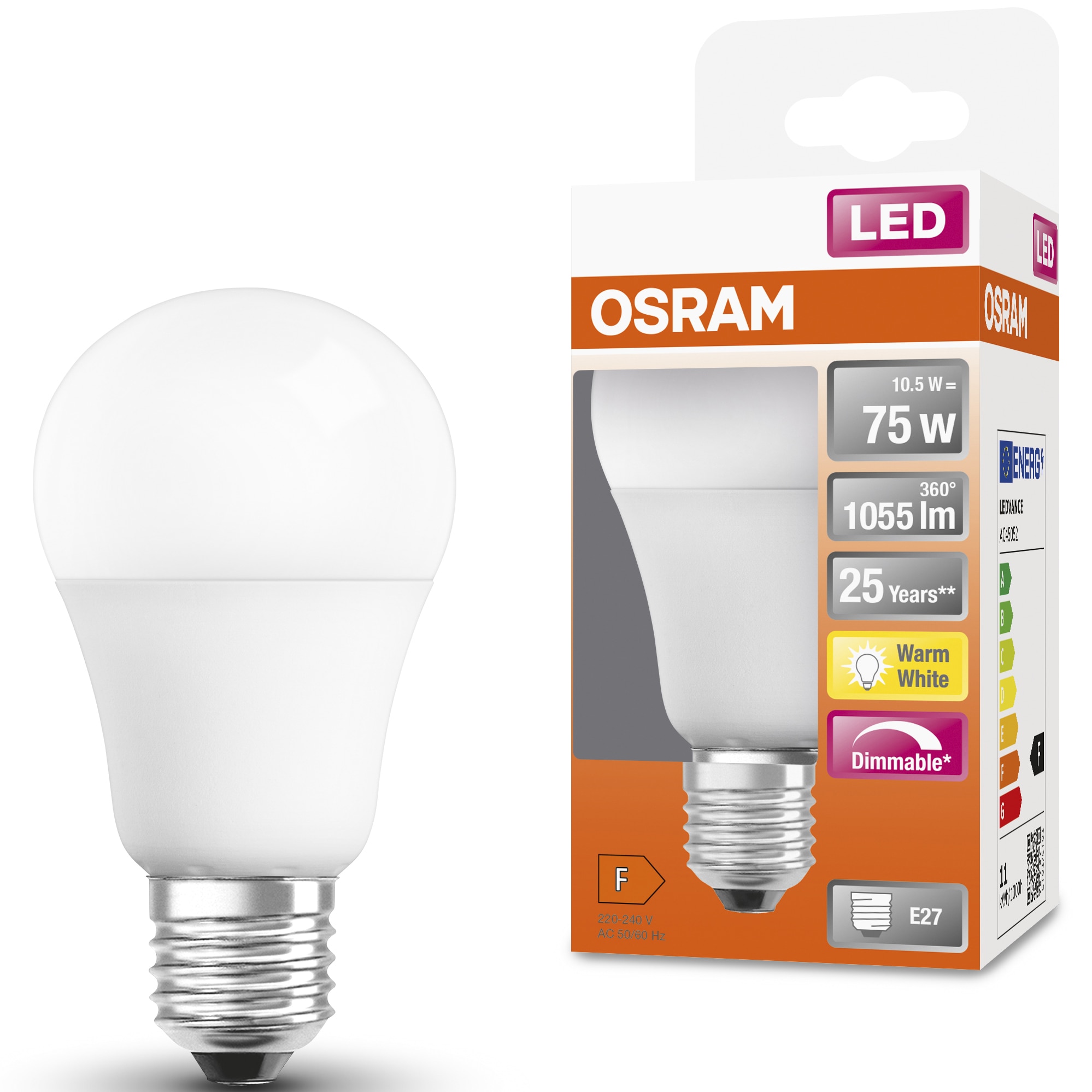 Bec LED OSRAM Superstar, A75, E27, 10.5W (75W), 1055 lm, dimabil, lumina calda (2700K), clasa energetica F