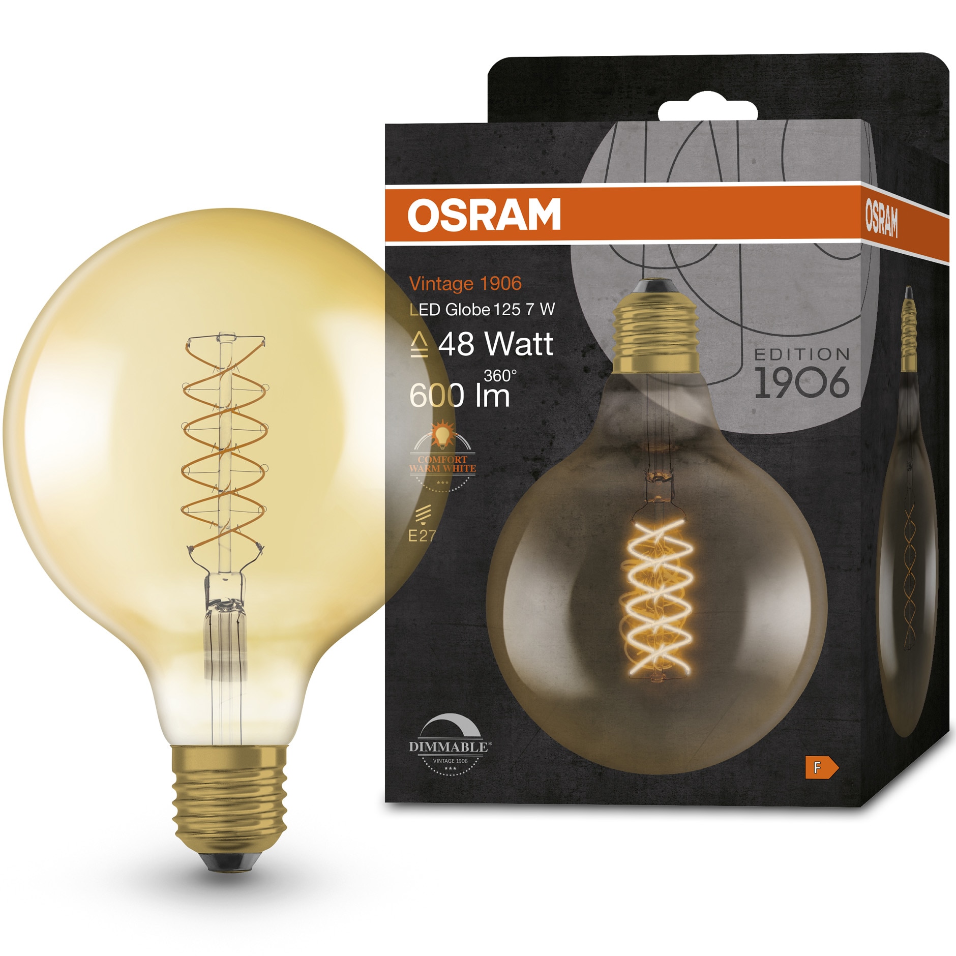Bec LED decorativ OSRAM Vintage 1906 GOLD Edison, G125, E27, 7W (48W), 600 lm, lumina calda (2200K), dimabil, filament spiralat, forma glob, clasa energetica F
