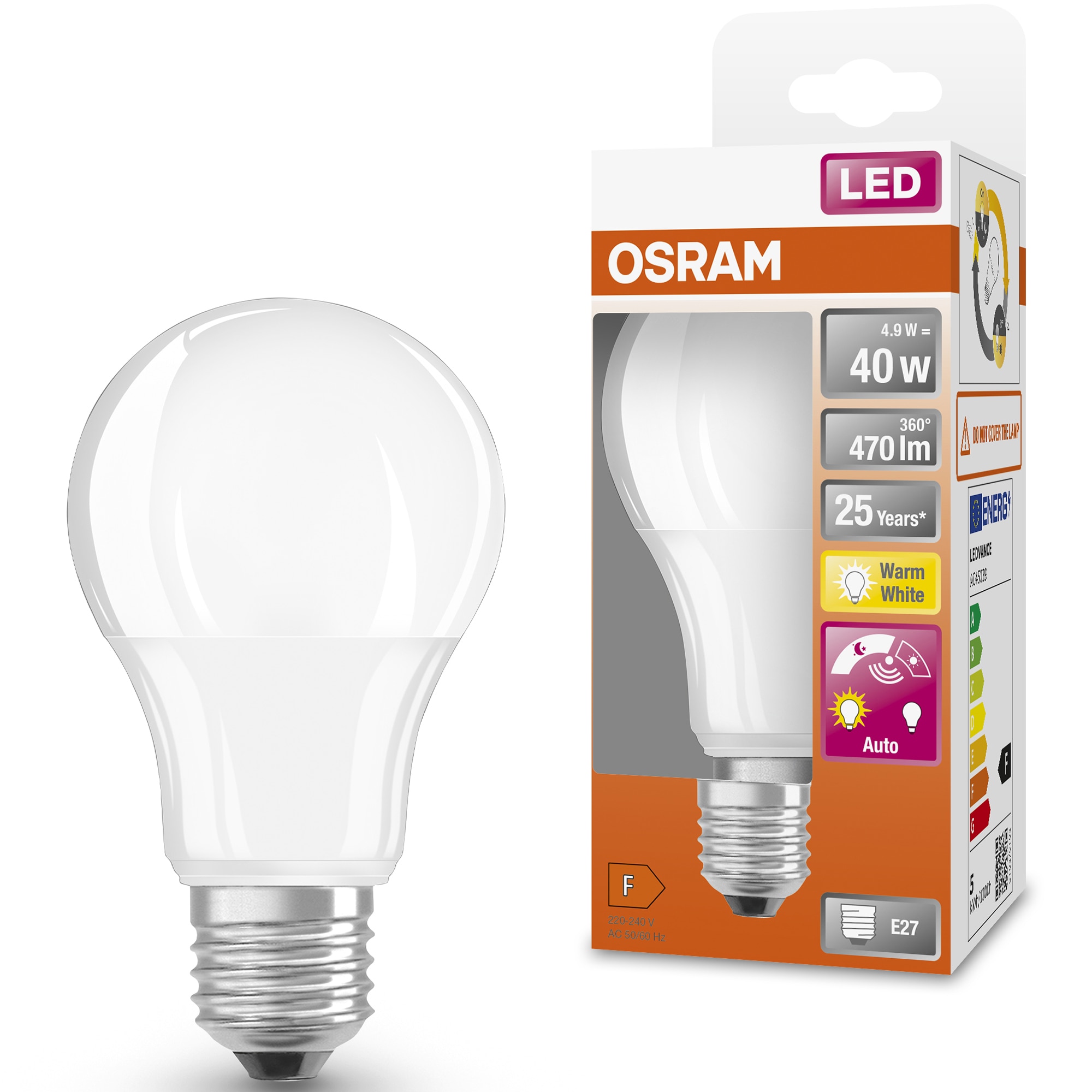 Bec LED OSRAM Star cu senzor de lumina, A40, E27, 4.9W (40W), 470 lm, lumina calda (2700K), clasa energetica F