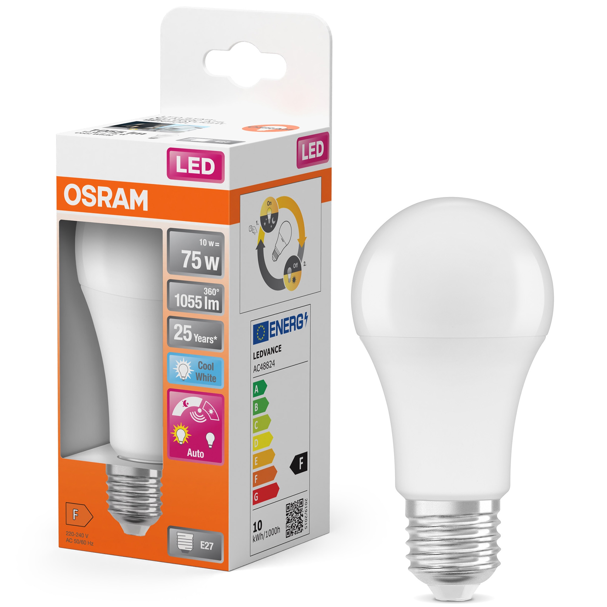 Bec LED OSRAM Star cu senzor de lumina, A75, E27, 10W (75W), 1055 lm, lumina neutra (4000K), clasa energetica F