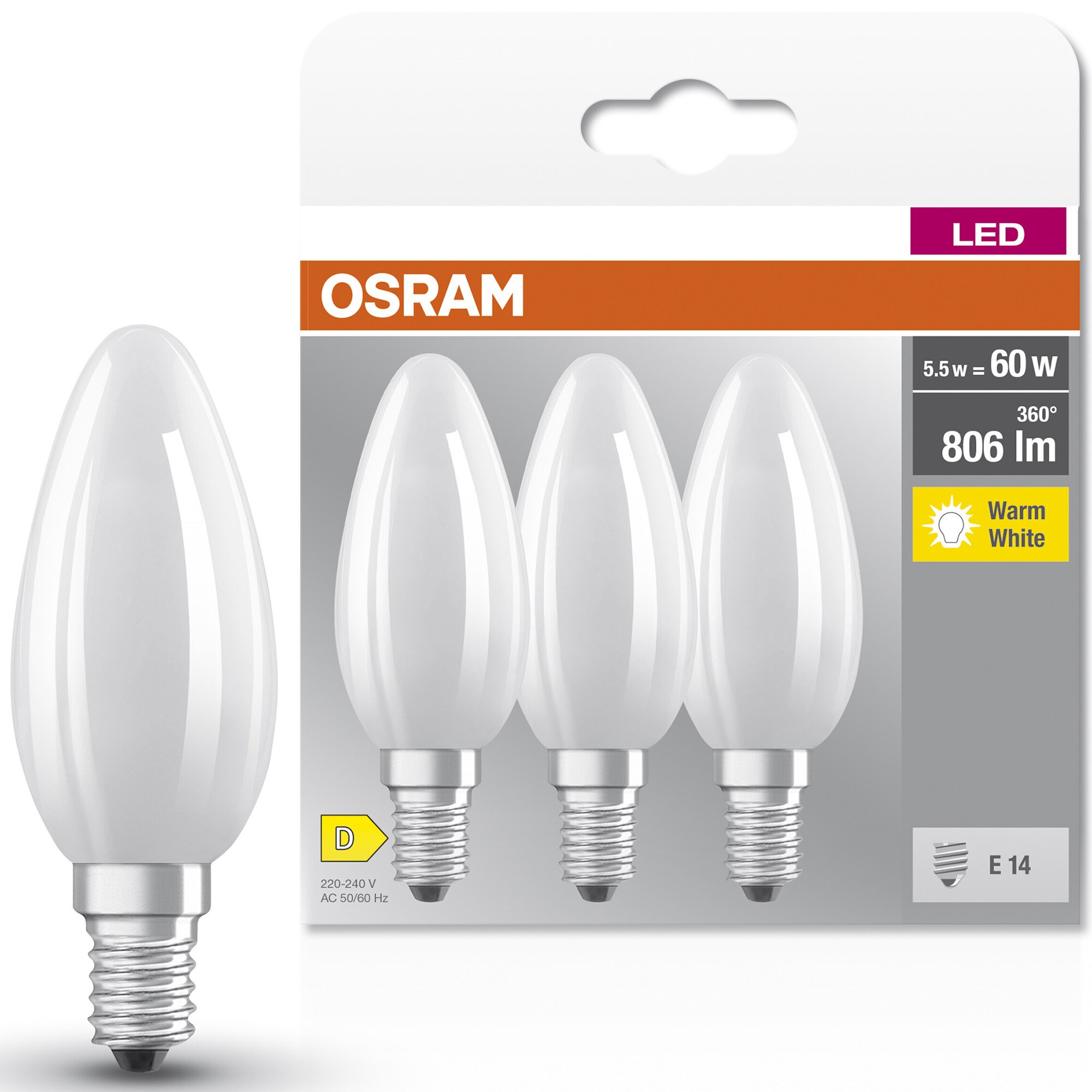 Set 3 becuri OSRAM LED Base, B60, E14, 5.5W (60W), 806 lm, lumina calda (2700K), clasa energetica D