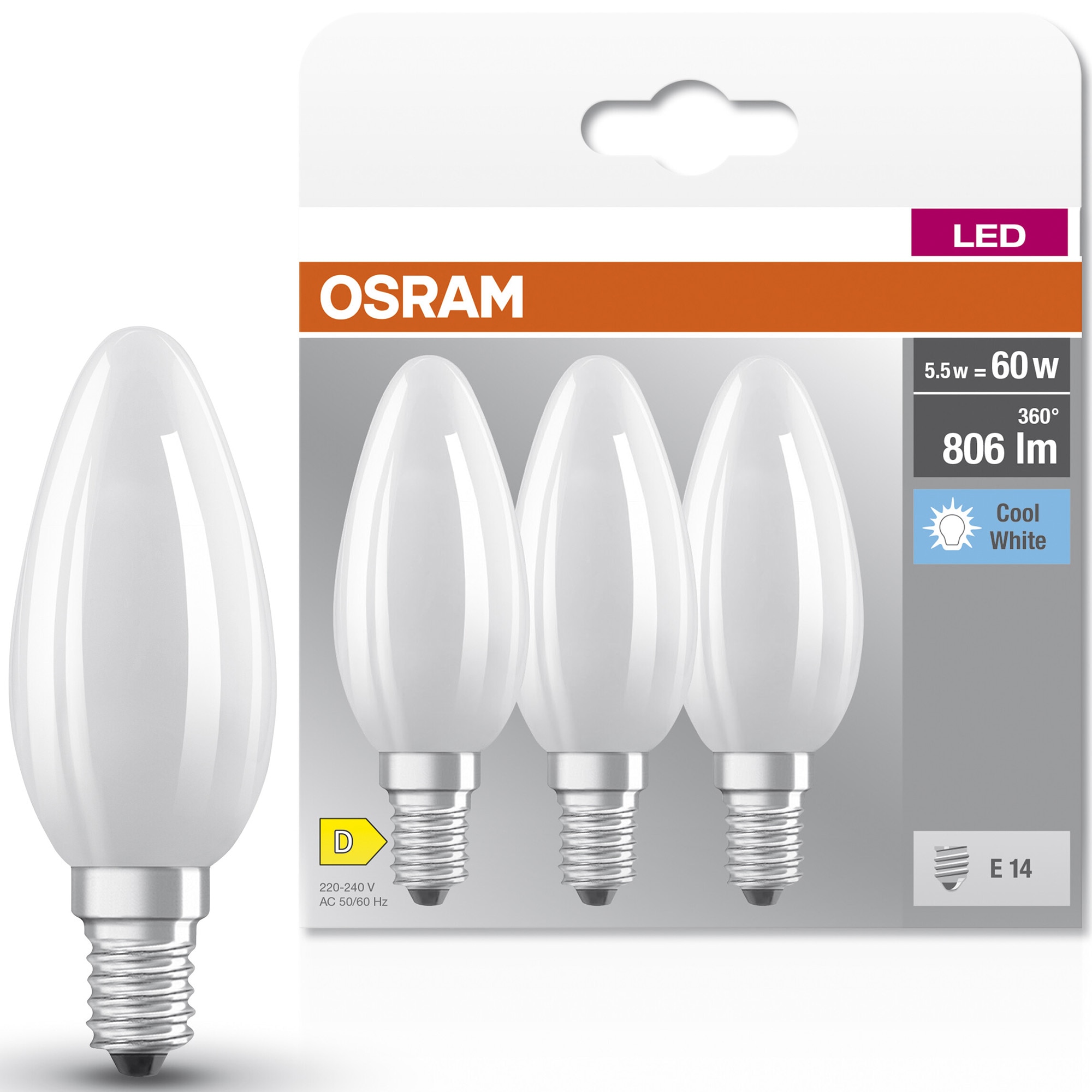 Set 3 becuri OSRAM LED Base, B60, E14, 5.5W (60W), 806 lm, lumina neutra (4000K), clasa energetica D