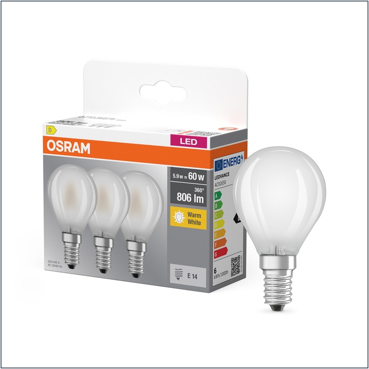 Комплект 3 крушки OSRAM LED Base, P60, E14, 5.9W (60W), 806 lm, Топла светлина (2700K), Енергиен клас D