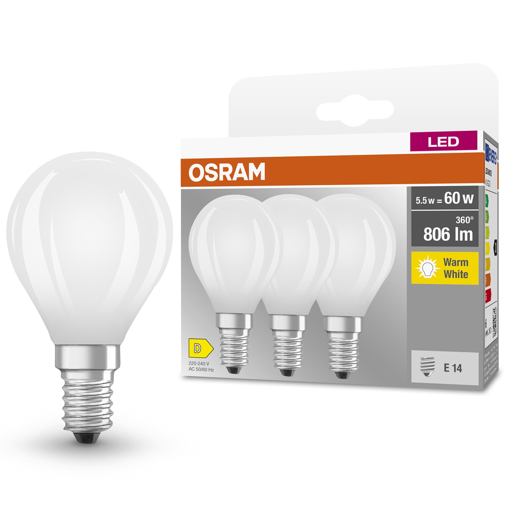 Set 3 becuri OSRAM LED Base, P60, E14, 5.5W (60W), 806 lm, lumina calda (2700K), clasa energetica D