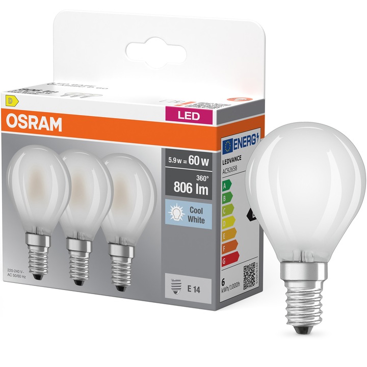OSRAM LED Base izzó készlet, P60, E14, 5,5W (60W), 806 lm, semleges fény (4000K), D energiaosztály, 3 db