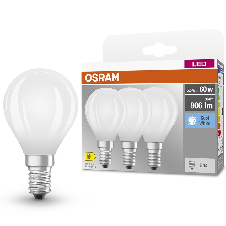 Set 3 becuri OSRAM LED Base, P60, E14, 5.5W (60W), 806 lm, lumina neutra (4000K), clasa energetica D
