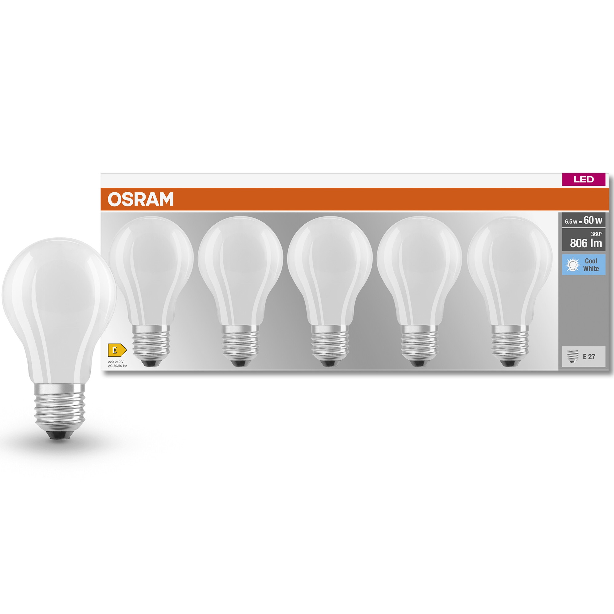 Set 5 becuri OSRAM LED Base, A60, E27, 6.5W (60W), 806 lm, lumina neutra (4000K), clasa energetica E