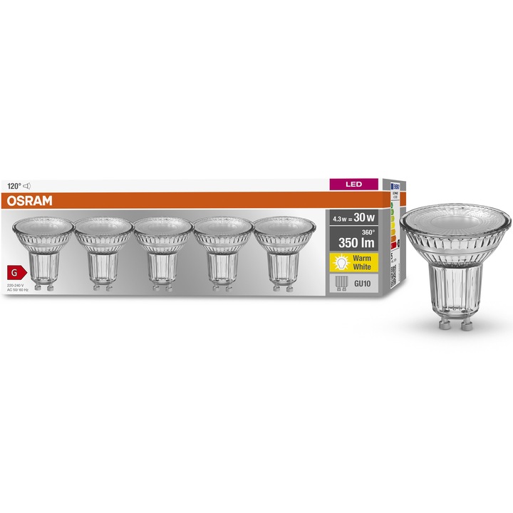 Комплект от 5 крушки OSRAM LED Base PAR16, GU10, 4.3W (30W), 350 лумена, 120°, Топла светлина (2700K), Енергиен клас G
