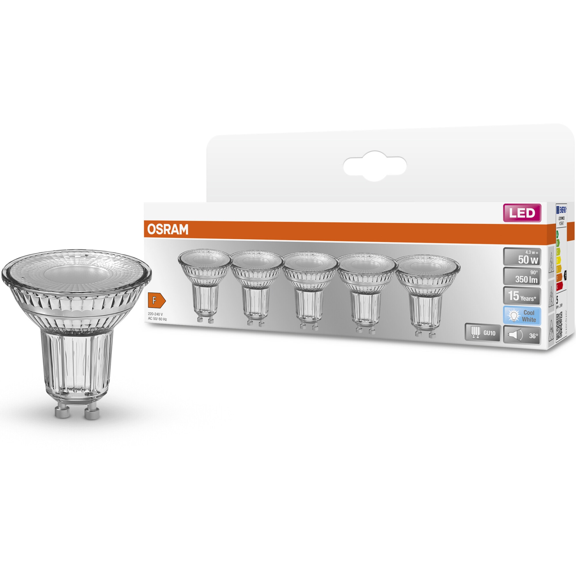 Set 5 becuri OSRAM LED Star PAR16, GU10, 4.3 (50W), 350 lm, 36°, lumina neutra (4000K), clasa energetica F