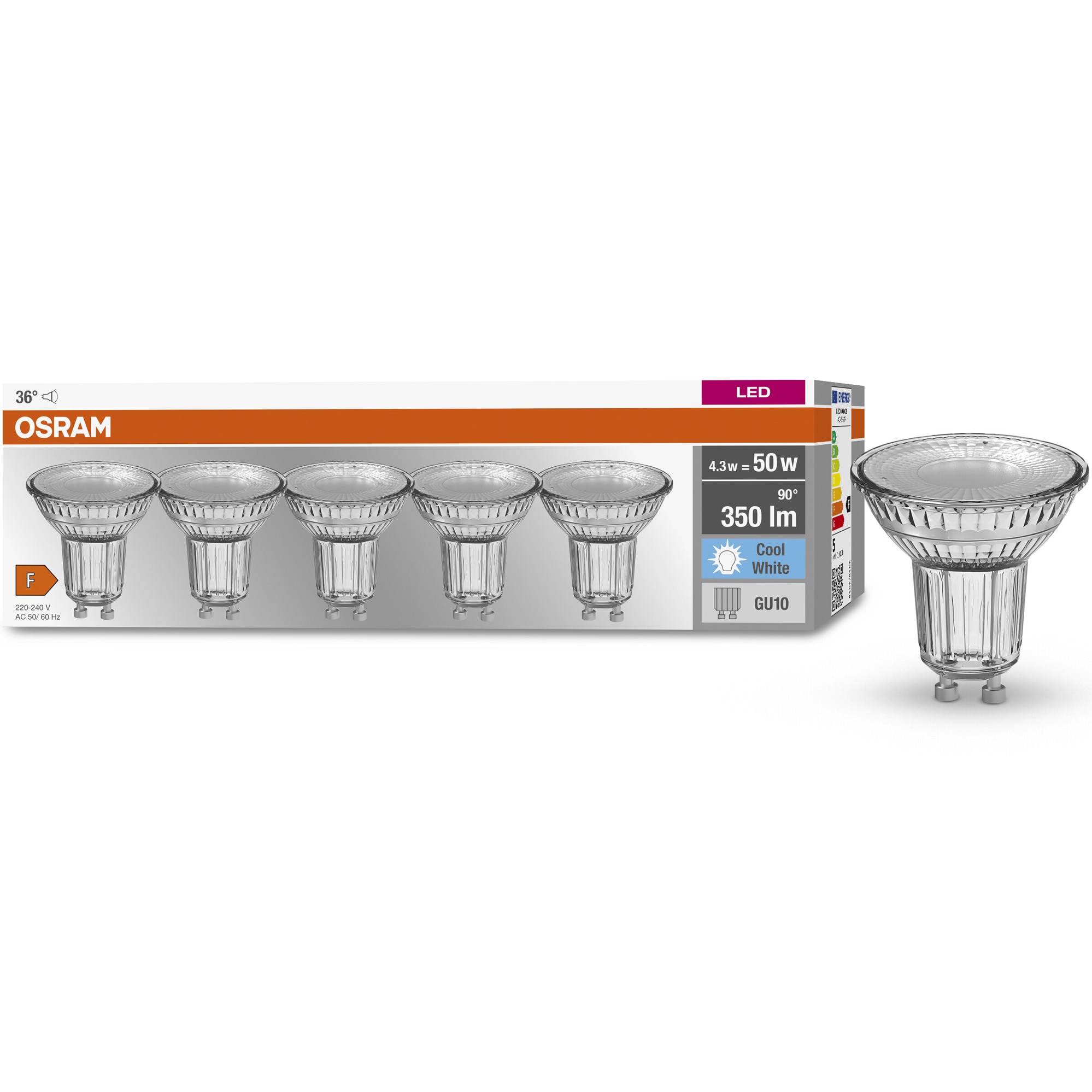 Set 5 becuri OSRAM LED Base PAR16, GU10, 4.3W (50W), 350 lm, 36°, lumina neutra (4000K), clasa energetica F