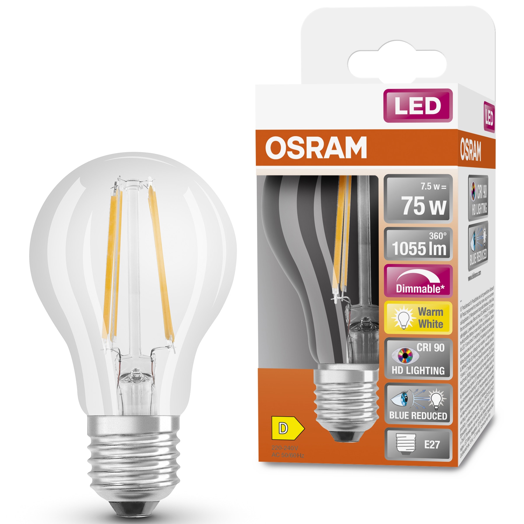 Bec LED OSRAM Superstar Plus filament, A75, E27, 7.5W (75W), 1055 lm, dimabil, lumina calda (2700K), Ra>90, sticla transparenta, clasa energetica D