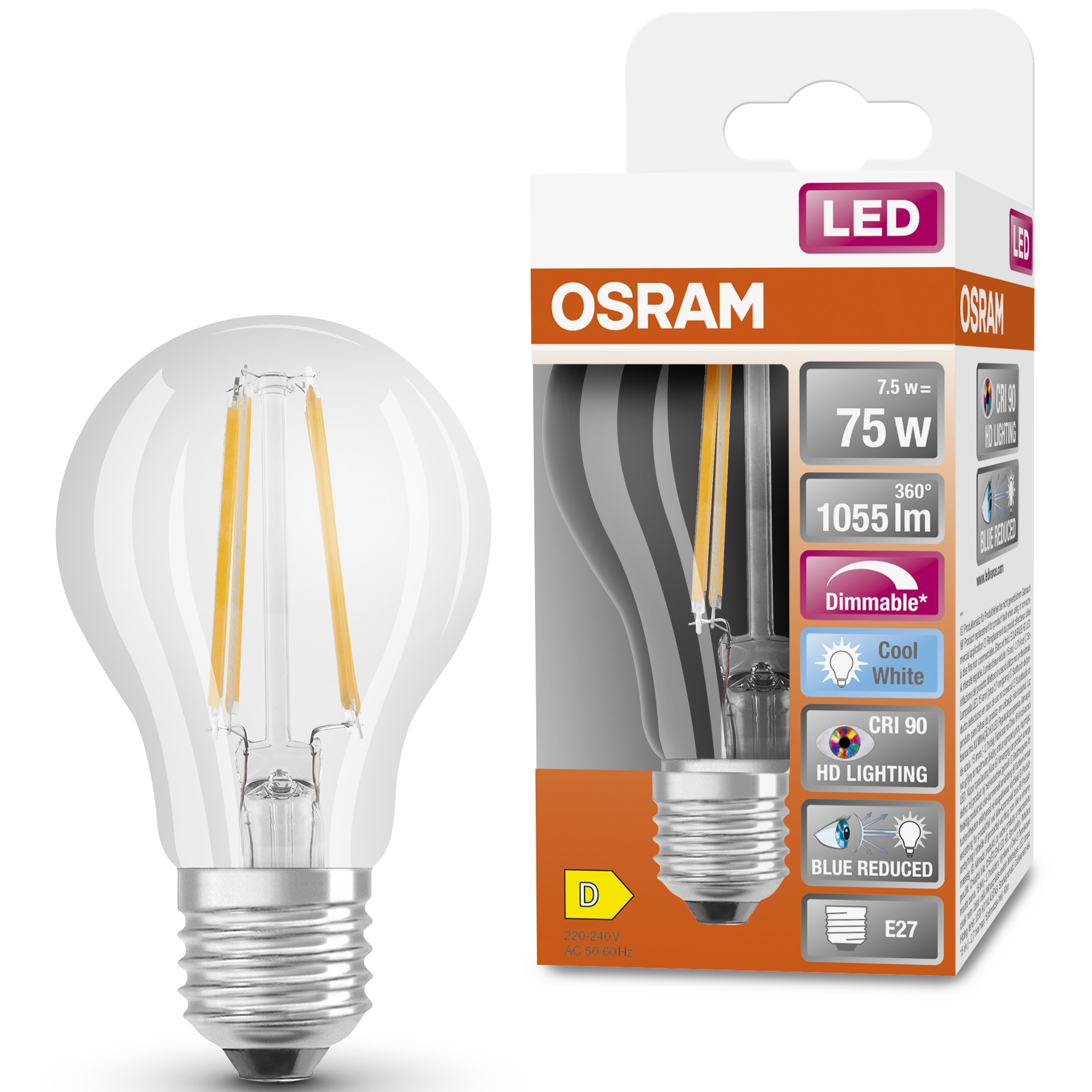Bec LED OSRAM Superstar Plus filament, A75, E27, 7.5W (75W), 1055 lm, dimabil, lumina neutra (4000K), Ra>90, sticla transparenta, clasa energetica D