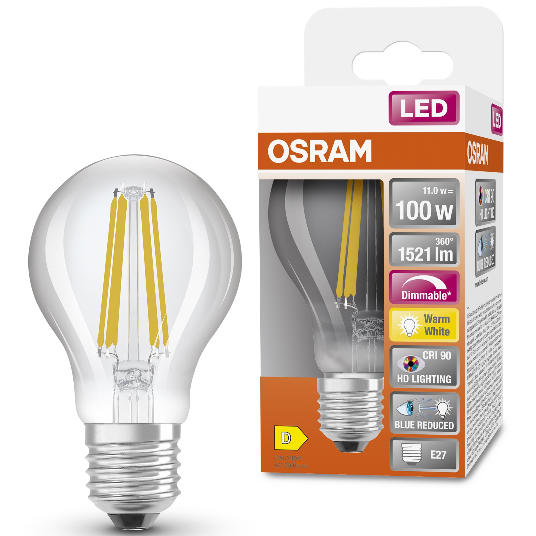 Bec LED OSRAM Superstar Plus filament, A100, E27, 11W (100W), 1521 lm, dimabil, lumina calda (2700K), Ra>90, sticla transparenta, clasa energetica D