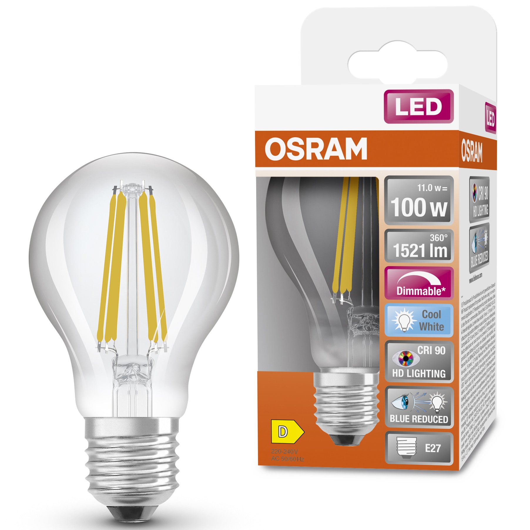 Bec LED OSRAM Superstar Plus filament, A100, E27, 11W (100W), 1521 lm, dimabil, lumina neutra (4000K), Ra>90, sticla transparenta, clasa energetica D