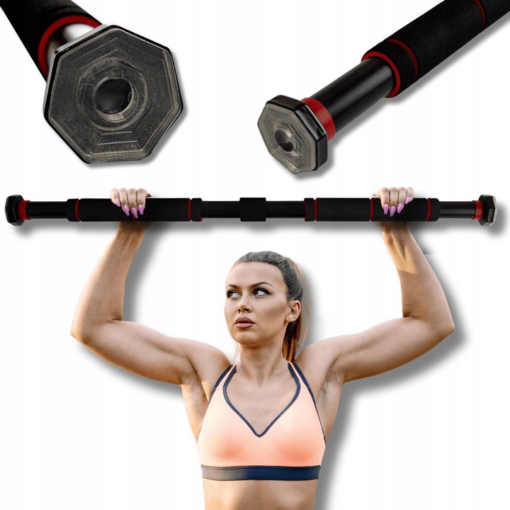 Bara de tractiuni, Omna Montare pe rama usii, Greutate max. 200 kg, Capace antiderapante, Capacitate mare de incarcare, Exercitii pentru brate, piept si spate, Lungime reglabila 60-100 cm, Otel/Spuma, Negru