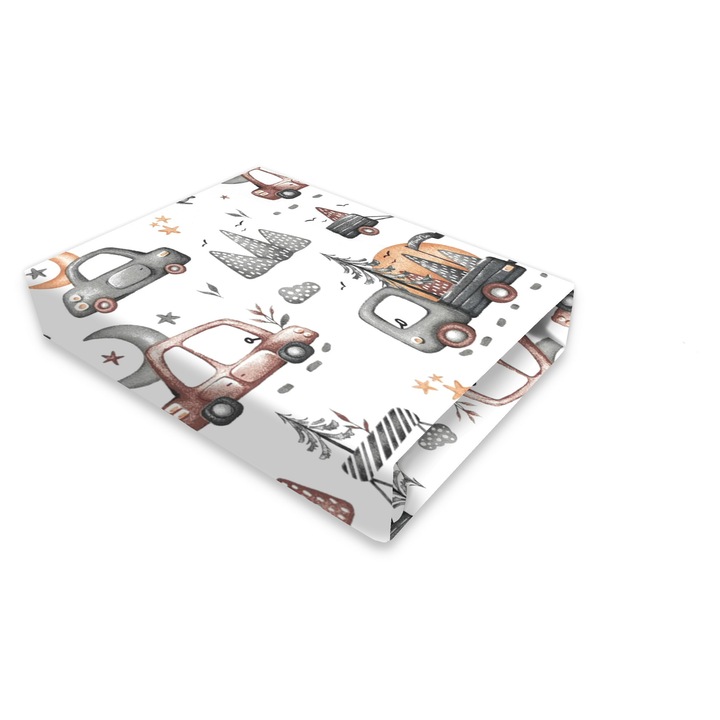 Cearceaf cu elastic, MimiNu, Pentru patut 120X60 cm, Din bumbac certificat Oeko Tex Standard 100, Design, Cars Grey