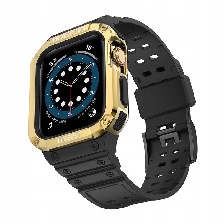 Szíj és védőtok Apple Watch 7/6/5/4/3/2/SE 41/40/38mm-hez, Hurtel, fekete/arany