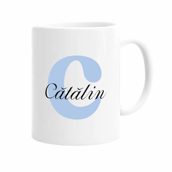 Cana personalizata cu prenume, alba cu interior si maner alb, 350ml, Colectia Prenume Barbati, Catalin