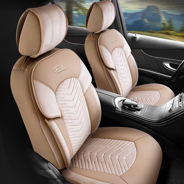 Set Huse Scaune Auto Panda Dubai, material textil cu piele ecologica, cu fermoare pentru bancheta rabatabila, bej, 11 piese