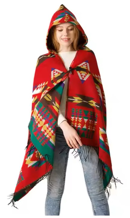 Poncho Dama, cu gluga, cu catarama, chic, modern, marime unica, Dare4U, multicolor pe fond rosu din poliester