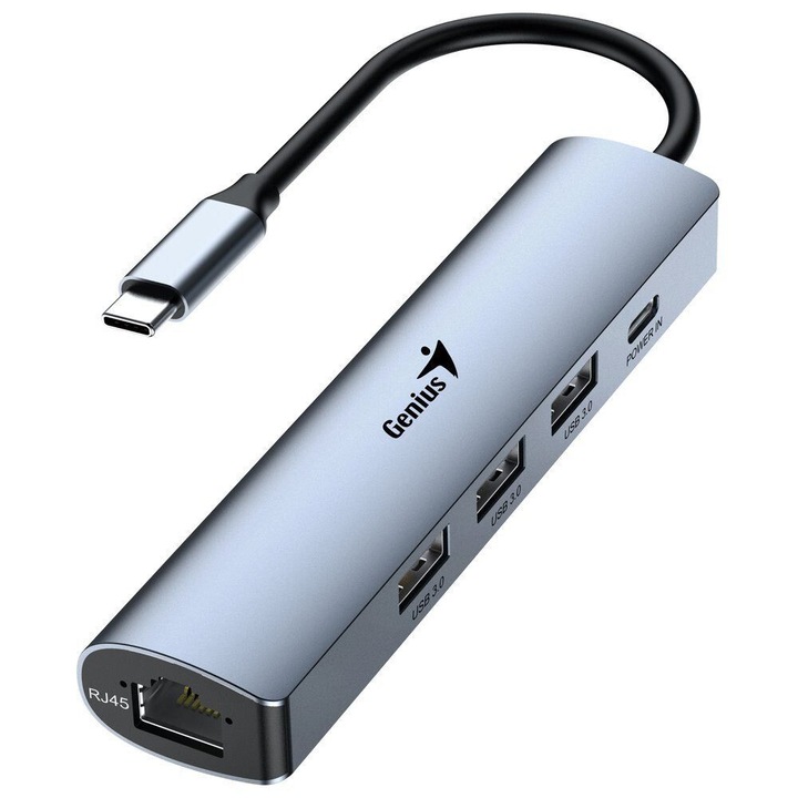 Мрежова карта, Genius, UH-545, 1 x LAN, 3 x USB-A, 1 x USB-C, сив