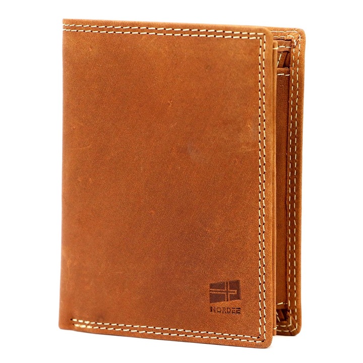 Portofel barbati Nordee, din piele naturala, vertical, cu 12 compartimente pentru carduri, maro