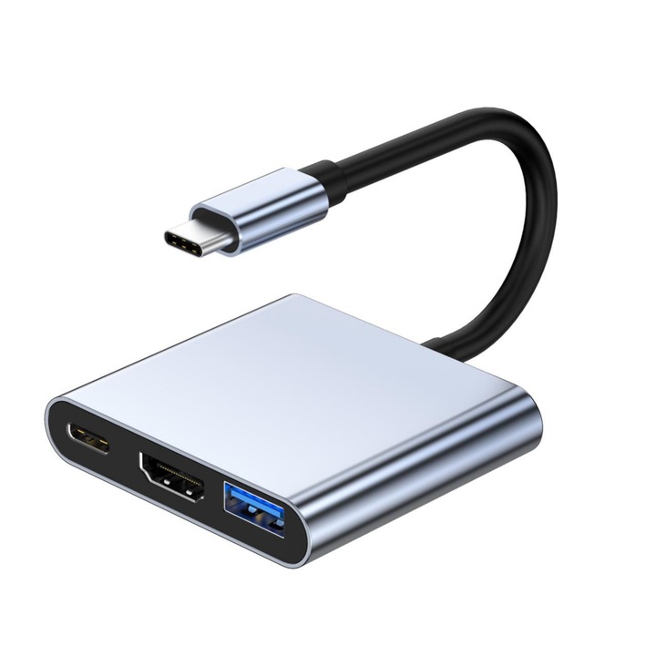 USB Type C към многопортов адаптер 3-в-1 idealSTORE, 4K HDMI порт, USB 3.0 порт, USB-C порт за зареждане 100 W, Скорост на трансфер 5 Gbps