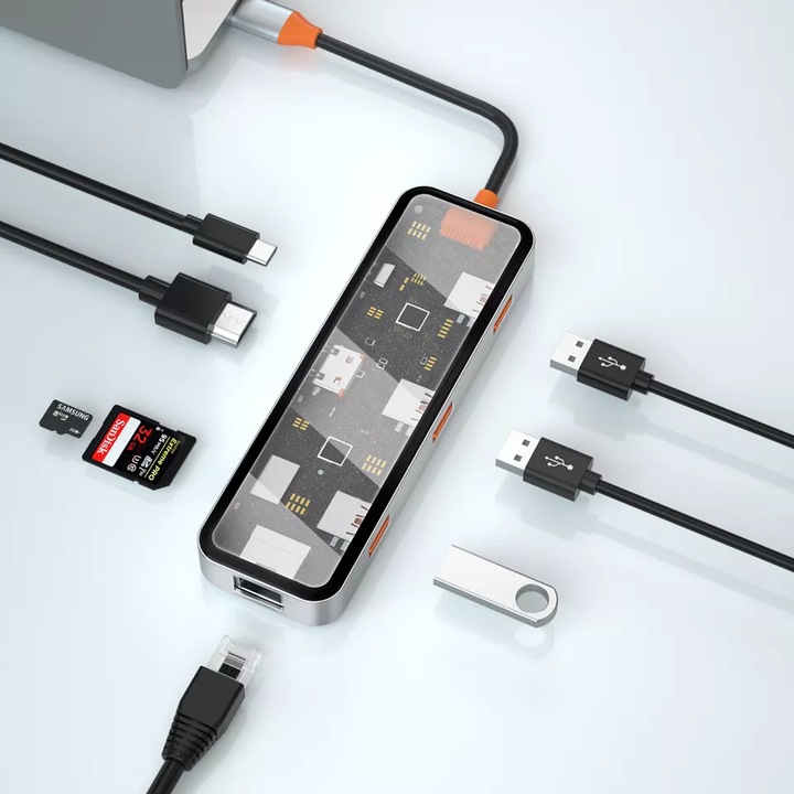 Прозрачен хъб Многопортов адаптер 7 в 1, тип C с HDMI UHD 4K порт, 3 x USB 3.0, PC компютър, лаптоп, MacBook USB C докинг станция хъб, зареждане+пренос на данни, SD/TF четец на карти, тънък и преносим дизайн